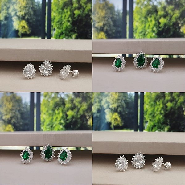 Conjunto Gota Cravejado (Brincos e Pingente) - Prata 925 - MCJ120-60310