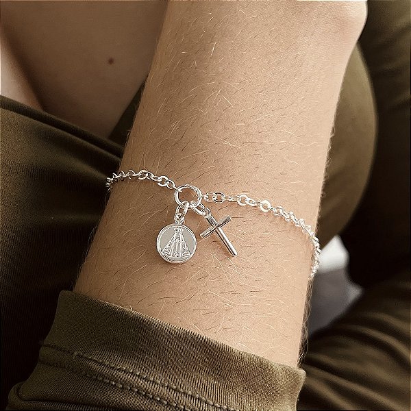 Pulseira Com Crucifixo e N.S Aparecida - Prata 925 - P96-24144