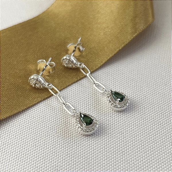 Brinco Pêndulo Gota Cravejado - Prata 925 - B542-32192
