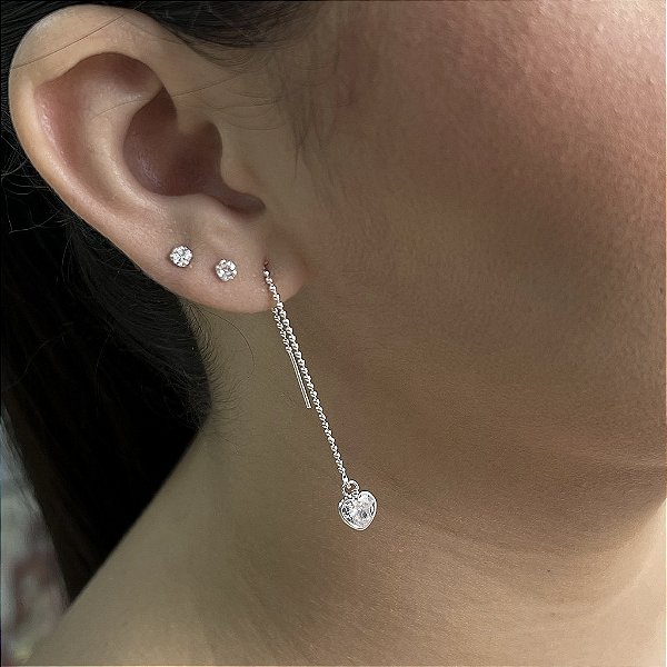 Brinco Pêndulo Coração Fio Bolinha - Prata 925 - B544-17102