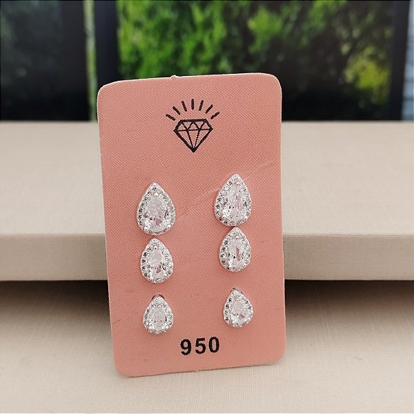 Trio de Brincos Gota Cravejado - Prata 925 - B556-44264