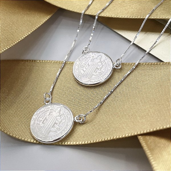 Escapulário Madrepérola São Bento e Cruz Sagrada - 60cm - Prata 925 - MG798-80480