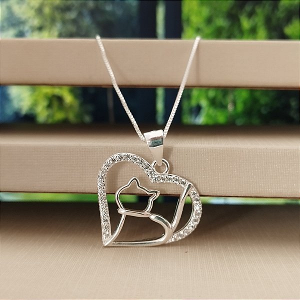 Gargantilha Coração Cravejado Com Gatinho - Prata 925 - MG799-49294