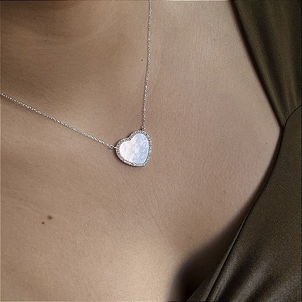 Gargantilha Coração Madrepérola Cravejado - Prata 925 - MG805-38228