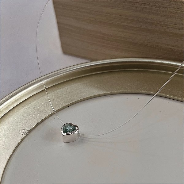 Gargantilha Ponto de Luz Coração Nylon Verde Água - Prata 925 - MG810-20120