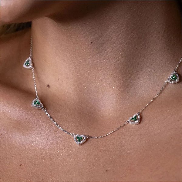Gargantilha Luxo Coração Verde Esmeralda - Prata 925 - MG814-64386