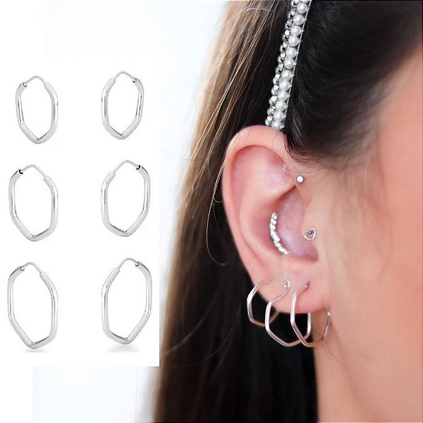 Trio Argolas Hexágono - Prata 925 - 14mm - 17mm - 19mm