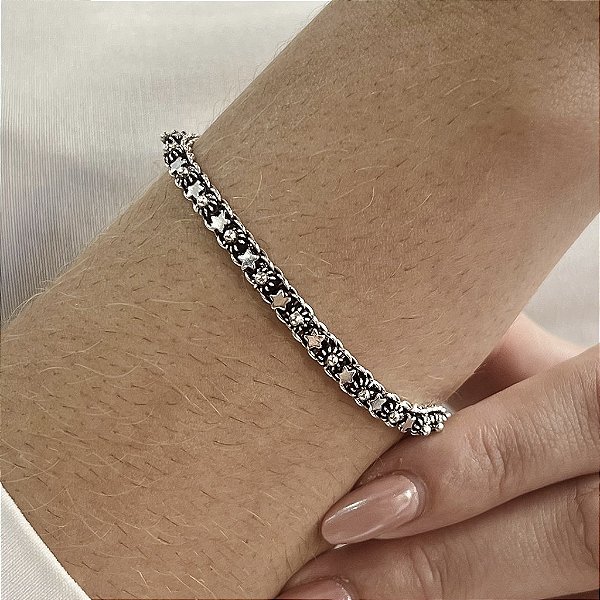 Pulseira Bali Pikun Com Estrelas - Prata 925 - Cor Envelhecida - P113-114686