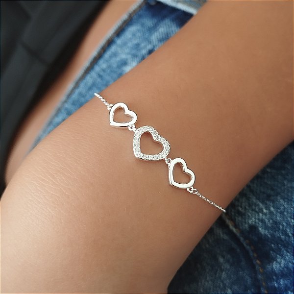 Pulseira Com Corações - Prata 925 - P136-34204