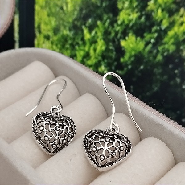 Brinco Pêndulo Coração Vazado (Cor Envelhecida) - Prata 925 - B576-38228
