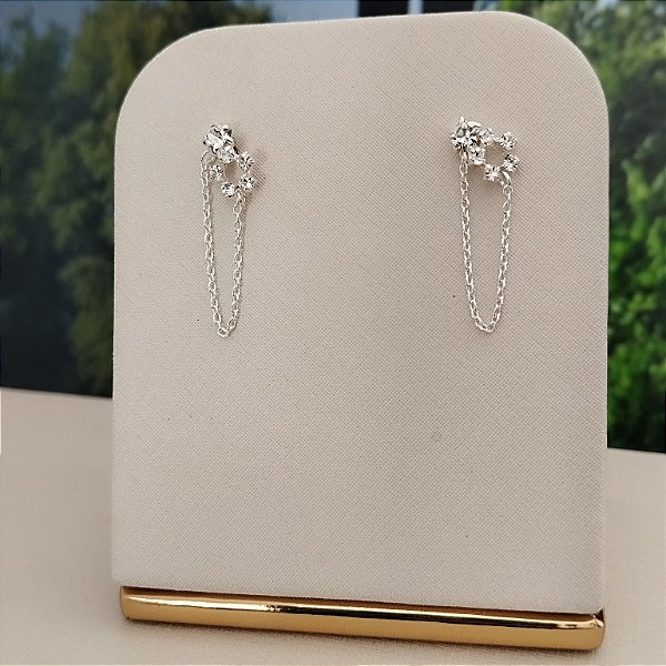 Brinco Duplo Com Corrente Cravejado - Prata 925 - B577-19114