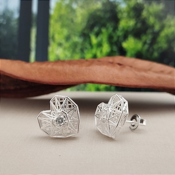 Brinco Coração Origami Com Zircônia - Prata 925 - B581-32192