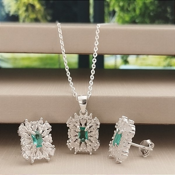 Conjunto Cravejado Com Pedra Verde Água - Prata 925 - MCJ128-94564