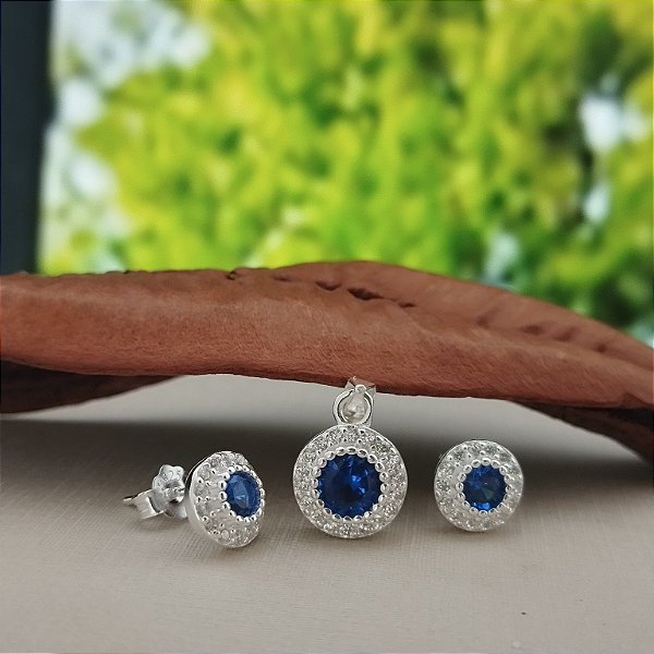 Conjunto Cravejado Com Pedra Azul (Brincos e Pingente) - Prata 925 - MCJ131-43258