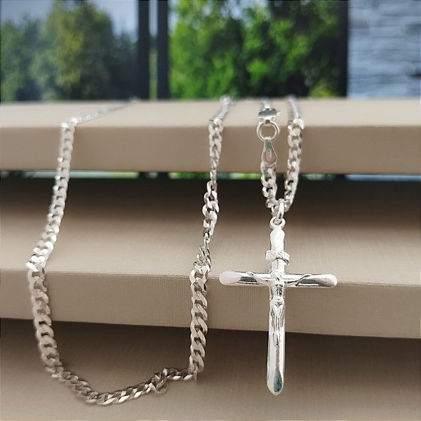 Corrente Grumet Com Crucifixo - 70cm - 3mm - Prata 925 - MG831-78468
