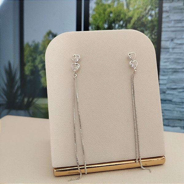 Brinco Dois Corações Com Correntinha - Prata 925 - B607-X150
