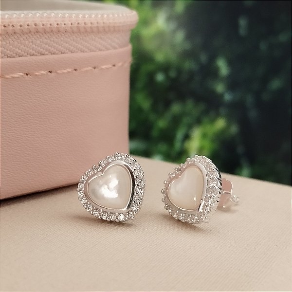 Brinco Coração Madrepérola Com Zircônias - Prata 925 - B608-X184