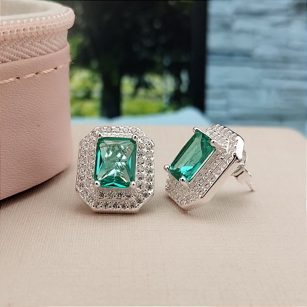 Brinco Quadrado Cravejado Com Pedra Verde Água - Prata 925 - B611-X390