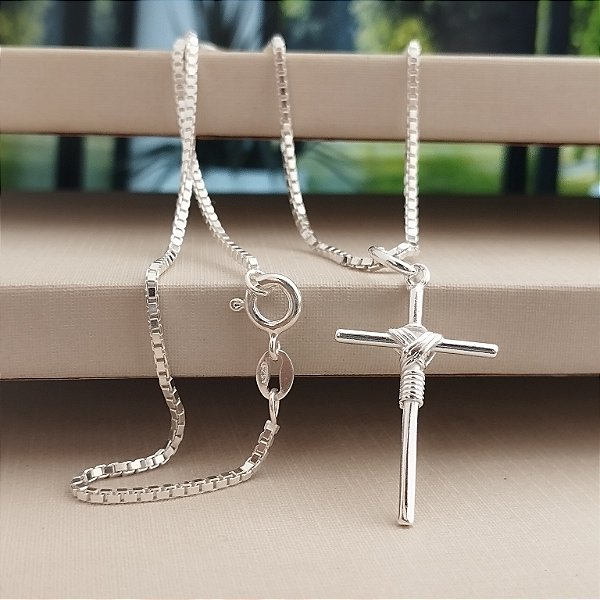Corrente Masculina Veneziana V28 Com Crucifixo - 60cm - Prata 925 - MG834-X468