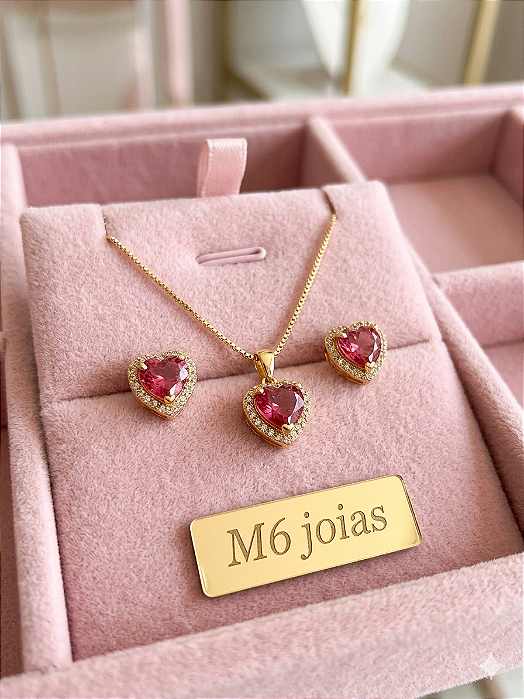 Conjunto Coração Cravejado - Semijoia 18k - MCJ142-X290