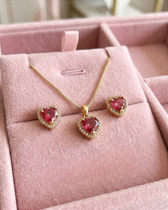 Conjunto Coração Cravejado - Semijoia 18k - MCJ142-X290