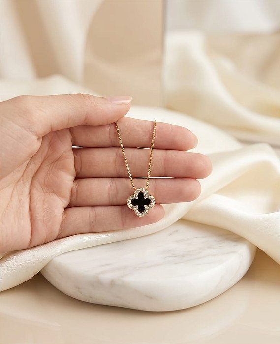 Gargantilha Trevo Preto Cravejado - Semijoia 18k - MG857-X180