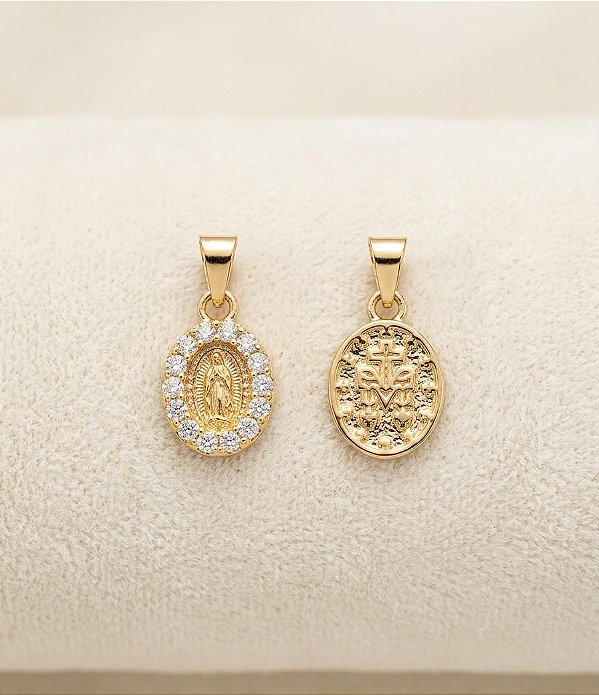 Pingente N.S das Graças Cravejado Dupla Face - Semijoia 18k - MPI453-X110