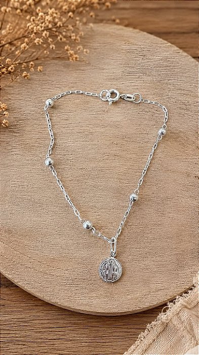 Pulseira Bolinha c Medalha São Bento Prata 925- P111