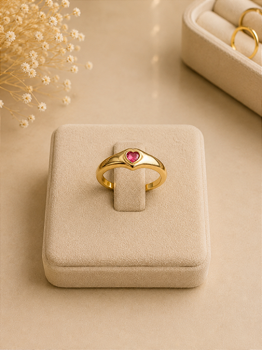 Anel Coração Com Pedra Rosa - Semijoia 18k - MA551