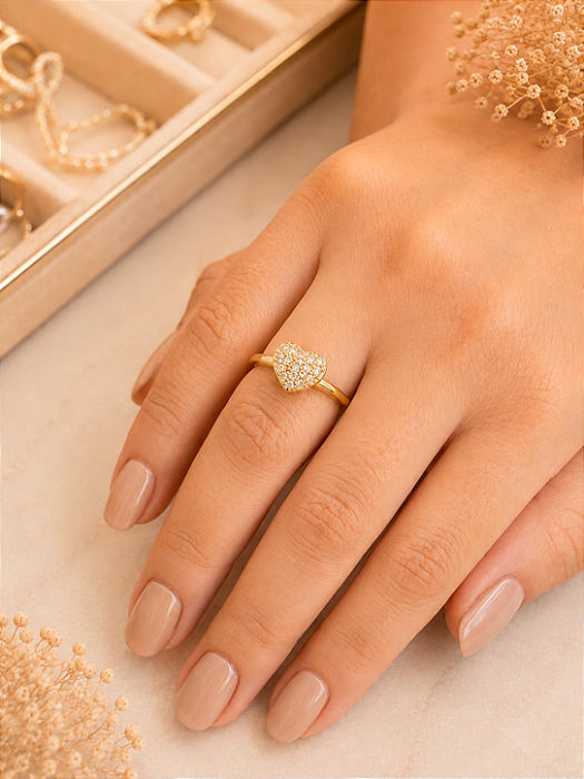 Anel Coração Cravejado - Semijoia 18k - MA561