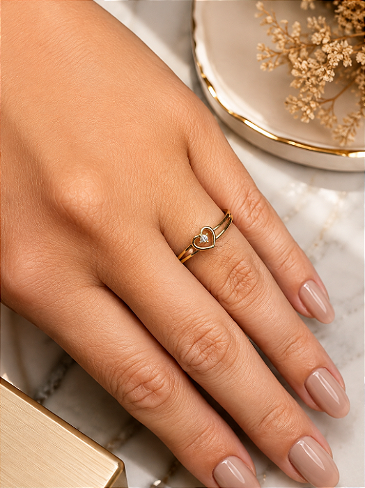 Anel Coração Com Zircônia - Semijoia 18k - MA555