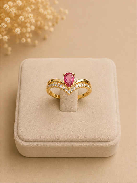 Anel Luxo Cravejado Com Pedra Rosa - Semijoia 18k - MA549