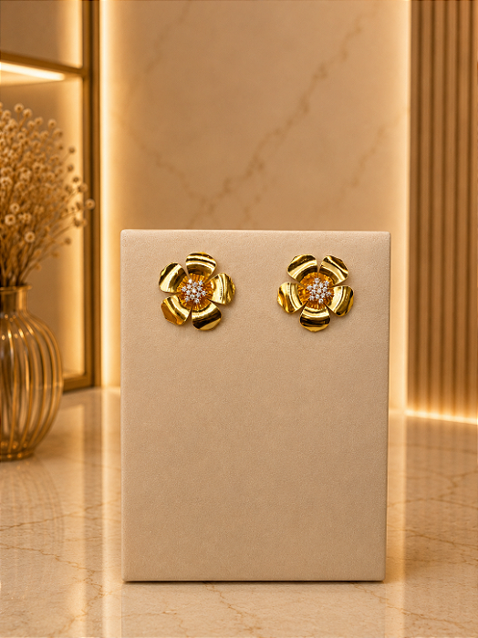 Brinco Flor Duplo Cravejado - Semijoia 18k - B700