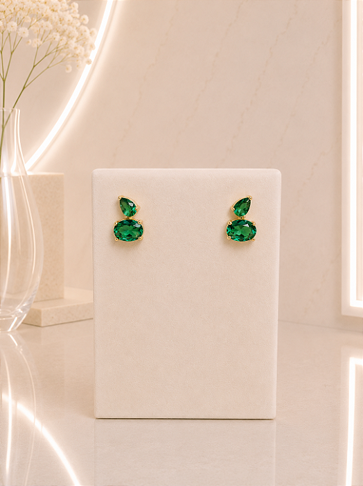 Brinco Ponto de luz Duplo Gota Verde -Semijoia 18k - B756