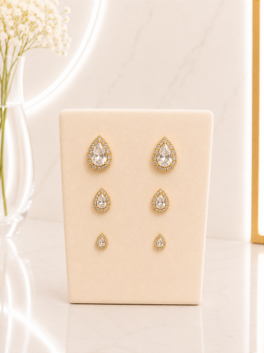 Trio de Brincos Gota Cravejado - Semijoia 18k - B745