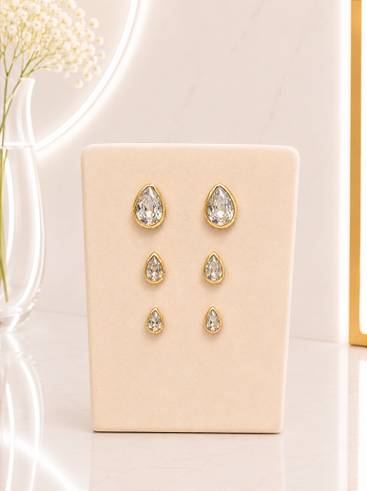 Trio Brincos Gota com Zircônia - Semijoia 18k -B812