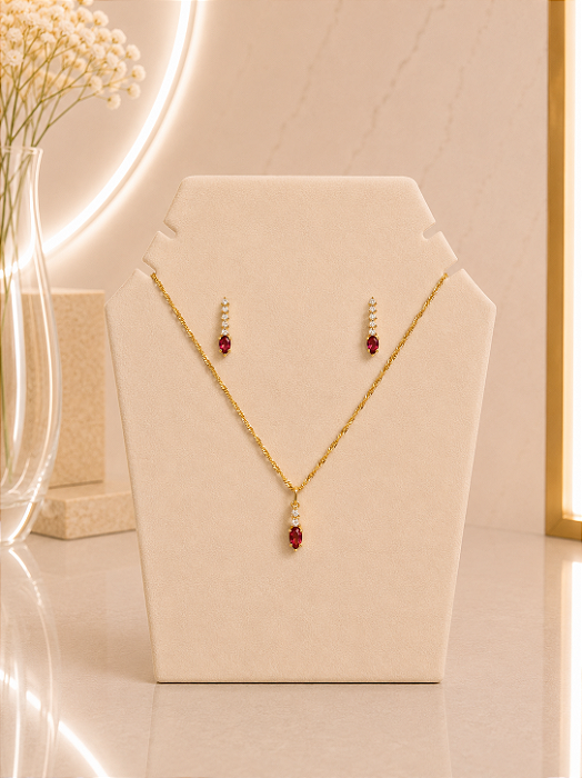 Conjunto Cravejado Com Zircônia Rosa - Semijoia 18k - MCJ174