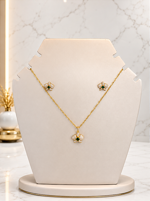Conjunto Flor Cravejada Pedra Verde -Semijoia 18k- MCJ168
