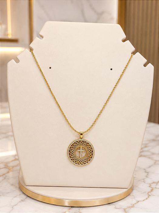 Gargantilha Cordão Baiano Medalha com Cruz Cravejada - Semijoia 18k - MG988