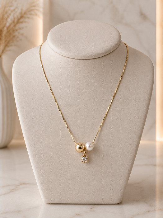 Gargantilha Bola Com Pérola e Zircônia - Semijoia 18k - MG1040