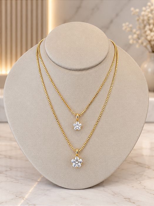 Gargantilha Choker Dupla Flor de Zirconia - Semijoia 18k - MG1074