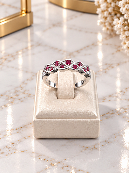 Anel Com Zircônias Rosa - Semijoia Banho Ródio - MA623