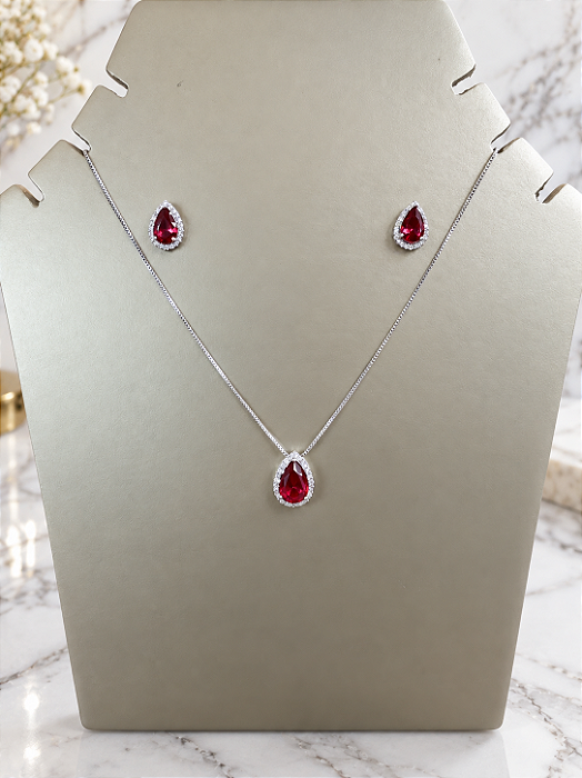 Conjunto Gota Com Zircônia Vermelha - Semijoia Banho Ródio - MCJ225