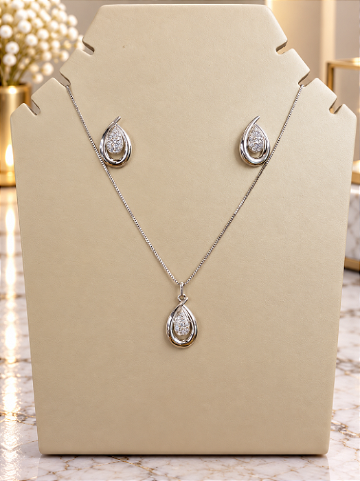 Conjunto Gota Com Zircônias - Semijoia Banho Ródio - MCJ226