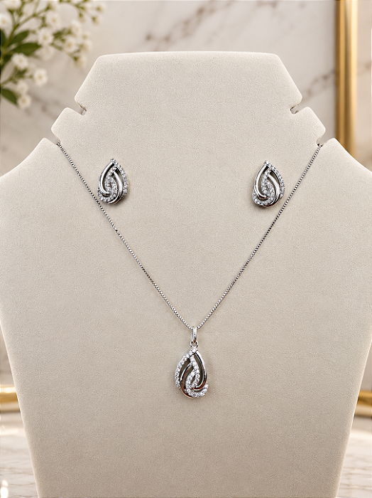 Conjunto Gota Trançado C/ Zircônias Semijoia Banho de Ródio MCJ206