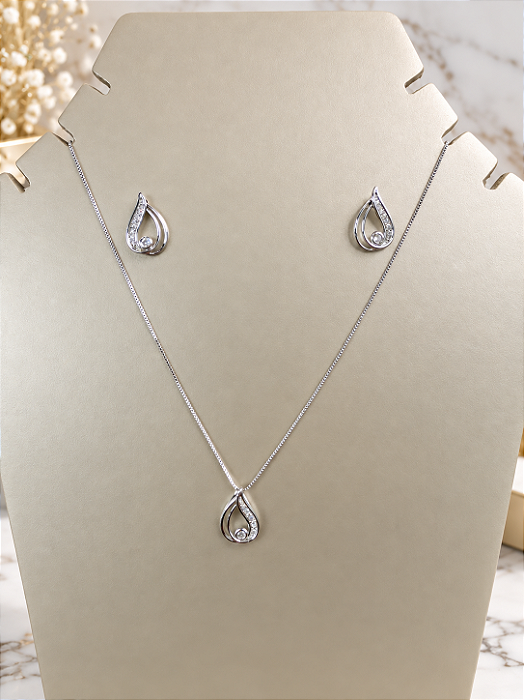 Conjunto Gota Com Zircônias - Semijoia Banho Ródio - MCJ207