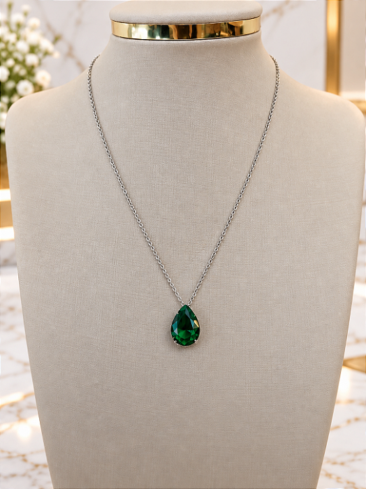 Gargantilha com Pingente Em Zirconia Gota Verde - Aço Inoxidável - MG950