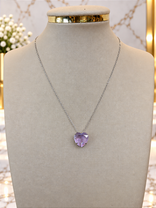 Gargantilha com Pingente Em Zirconia Coração Rosa - Aço Inoxidável - MG952