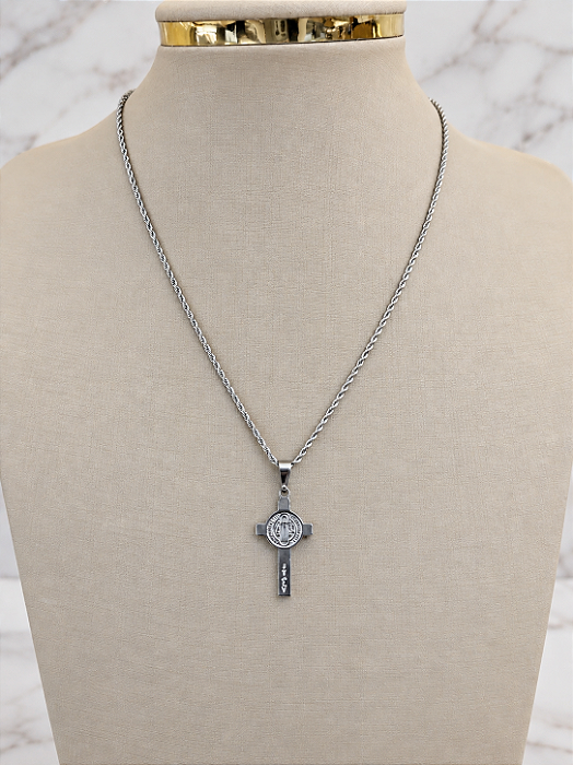 Corrente Cordão Baiano com Crucifixo São Bento - Aço Inoxidável - MG972