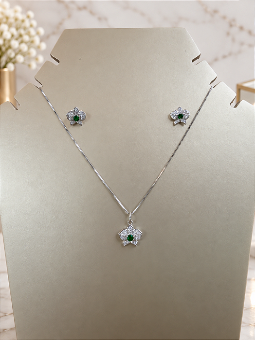 Conjunto Flor Em Zirconias - Semijoia Banho Ródio - MCJ229